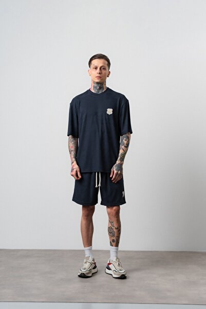 Respire Men's Route 07 Arma Detailed Regular Fit T-Shirt Shorts Set Navy Blue