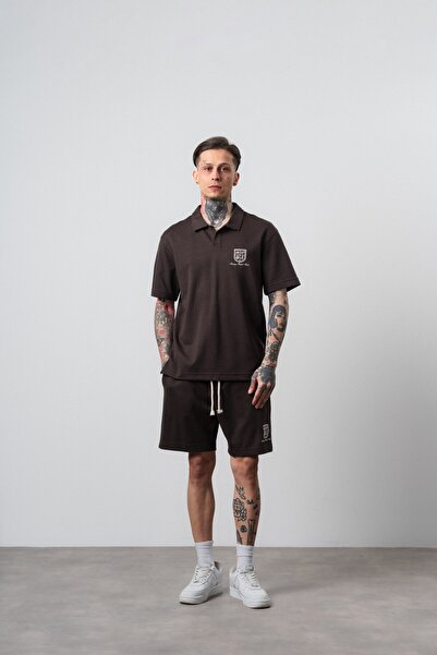 Respire Men's Rocket Club Written Regular Fit T-Shirt Shorts Set Coffee