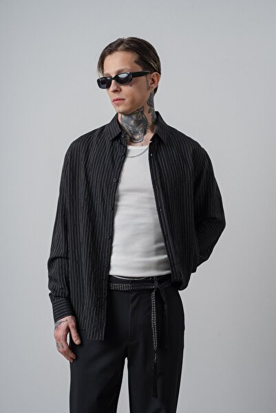 Respire Men's Rs Embroidered Striped Long Sleeve Oversized Shirt Black