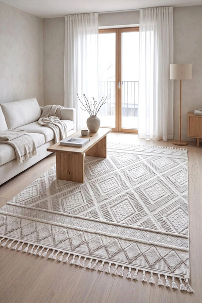 Eliz Home Krem Renk Modern Dokuma Halı Bukleli Yumuşak Halı Oturma Odası Salo...