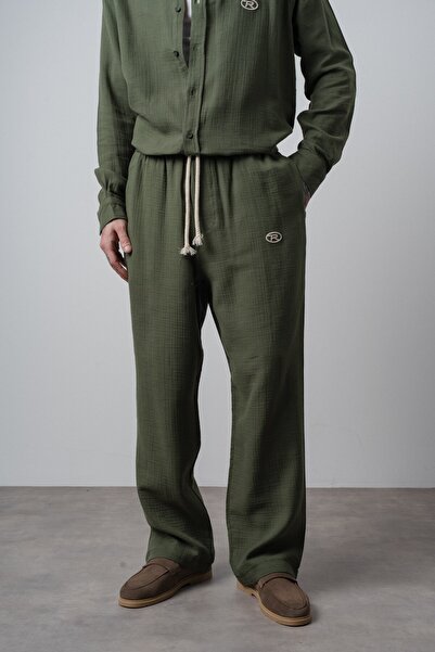 Respire Men's R Embroidered Muslin Baggy Trousers Dark Khaki