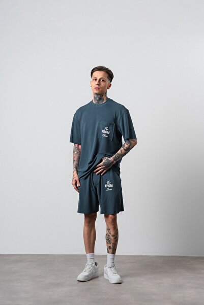 Respire Men's Far from Basic Printed Regular Fit T-Shirt Shorts Set Petrol
