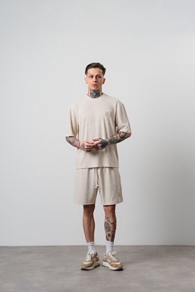 Respire Men's Route 07 Arma Detailed Regular Fit T-Shirt Shorts Set Beige