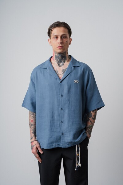 Respire Men's R Embroidered Short Sleeve Muslin Oversized Shirt Light Blue