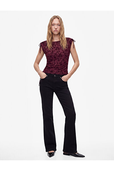 Koton Slim Fit Gathered Boat Neck Sleeveless Lace Embroidered Tulle Blouse