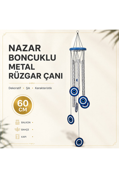 e-life shop Nazar Boncuklu Metal Rüzgar Çanı 60 cm Feng Shui Balkon Bahçe Kap...
