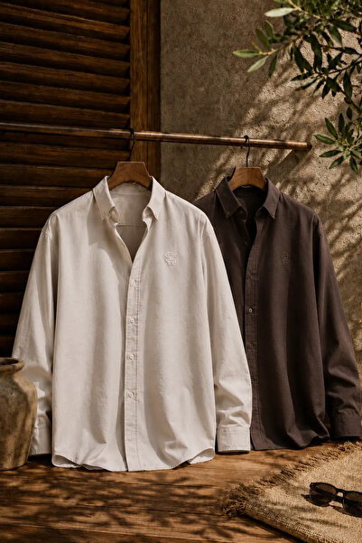 Respire Men's Breathable Oversize Modal Shirt Set of 2 Beige-Dark Brown