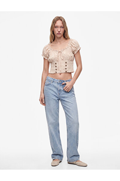 Koton Gipeli Button Detailed Slim Fit Boat Neck Balloon Sleeve Poplin Crop Bl...