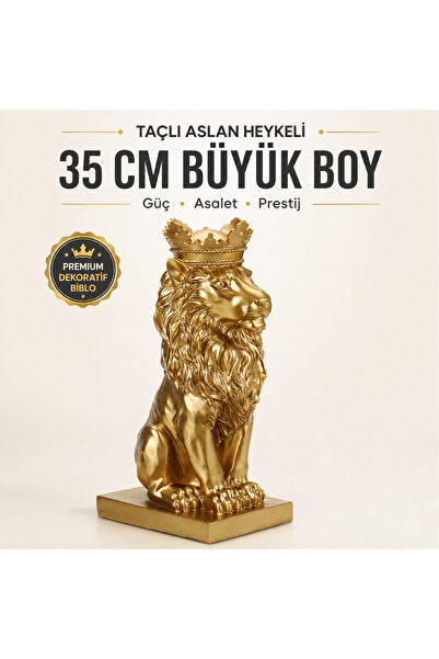 e-life shop Taçlı Aslan Heykeli 35 cm Büyük Boy Dekoratif Biblo Büst Premium ...