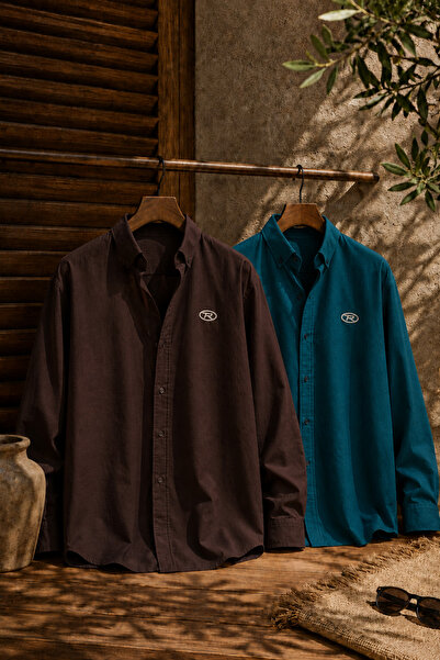 Respire Men's Muslin Oversize Shirt Set of 2 Dark Brown-Emerald