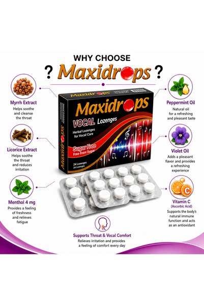 Maxidrops أقراص المر والعرقسوس مع فيتامين سي وزيت النعناع – تساعد على تهدئة الحلق وتنشيط الصوت |   خالي من السكر |   24 قرص (لوزينجز)