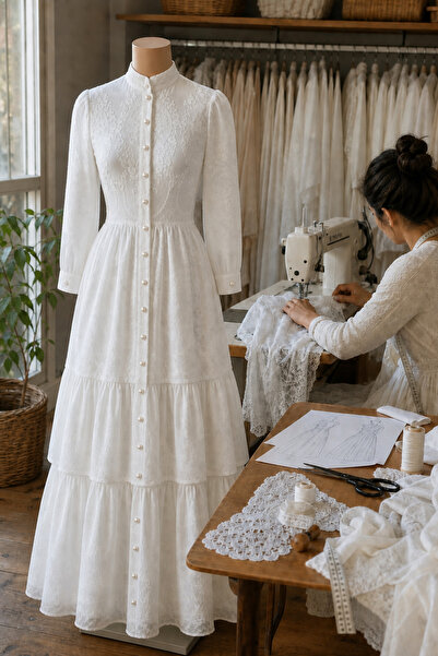 Muslima Wear Perla Bianca Çiçek Desenli Inci Düğme Detaylı Kadın Elbisesi