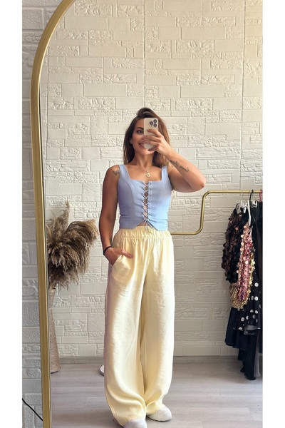 Derya Akyol Women's Yellow High Waist Pocketed Wide Leg Comfortable Fit Casua...