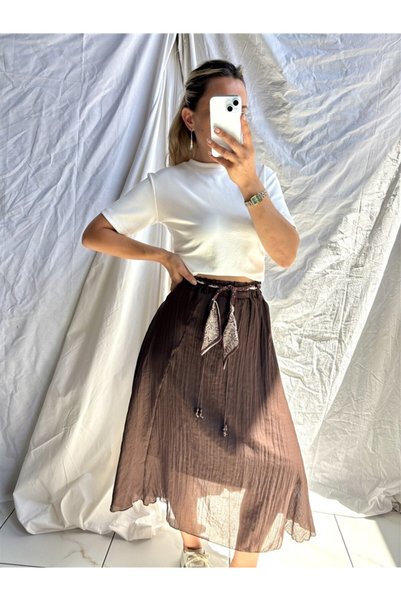 Gözde Tasarım Butik Women's Brown Lace-Up Linen Midi-Length Asymmetric Skirt