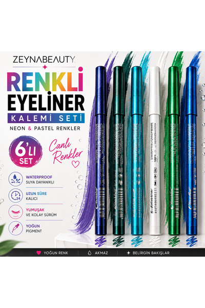 ZEYNABEAUTY Renkli Eyeliner Kalemi Seti 6'lı – Waterproof Göz Kalemi Neon & P...