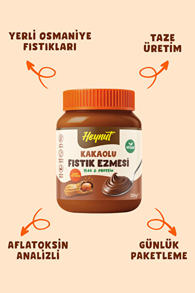 HEYNUT Kakaolu Fıstık Ezmesi 320 g Katkısız Glutensiz Yüksek Protein Kahvaltılık