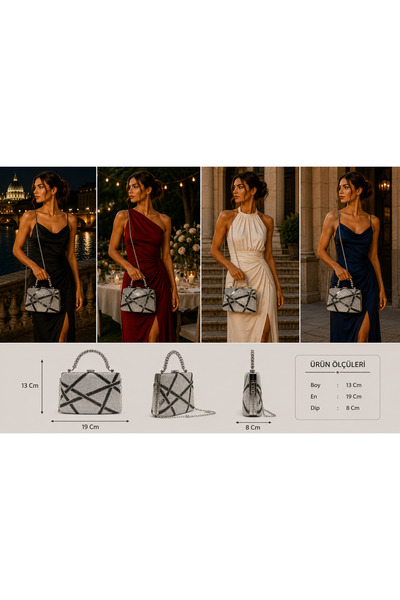 womenacs Silver Black Double Color Single Surface Stoned Evening Dress Clutch...