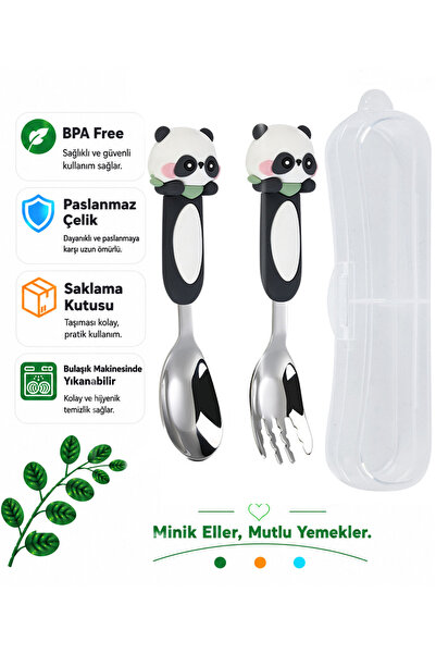 jojobebek Panda Figürlü Premium Çocuk BPA Free Paslanmaz Çelik Uçlu Çatal-Kaş...
