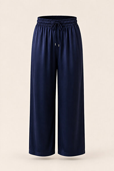 FAARKCOLLECTİON Women's Navy Blue High Waist Satin Trousers
