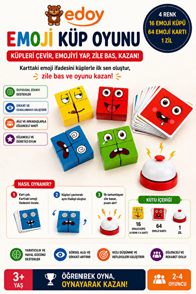 edoy Rubik Emoji Bulmaca Oyunu 16 Küp 64 Kart Ve Zil Eğitici Oyuncak