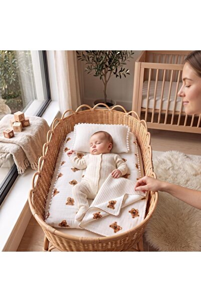 ALTINTAŞ BABY Teddy Bear Patterned 100% Cotton Pique Blanket 3-Piece Bottom O...