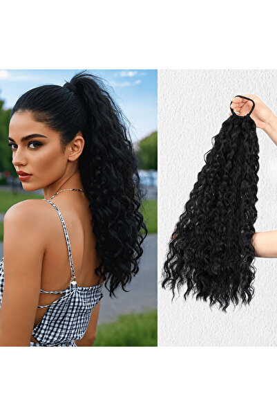 Zeysum Siyah Dalgalı Kabarık Afro Lastik Tokalı At Kuyruğu Saç Postiş 70 Cm 1...