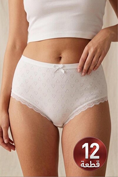 Roft & Pink 12-Piece Women's White 100% Cotton Heart Hole Lace Panties Set