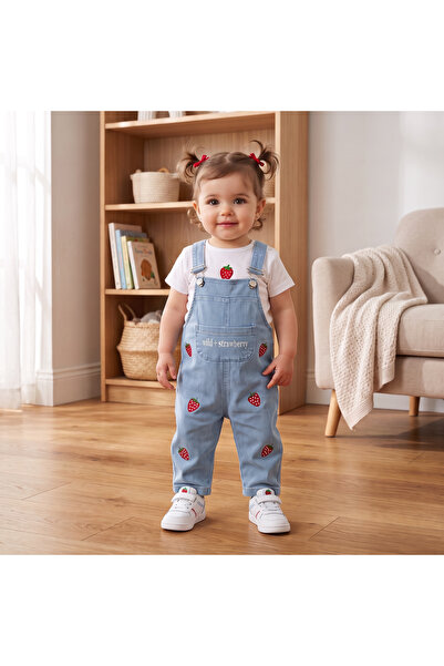 ALTINTAŞ BABY Strawberry Embroidery Knitted Denim Fabric Salopet and Strawber...