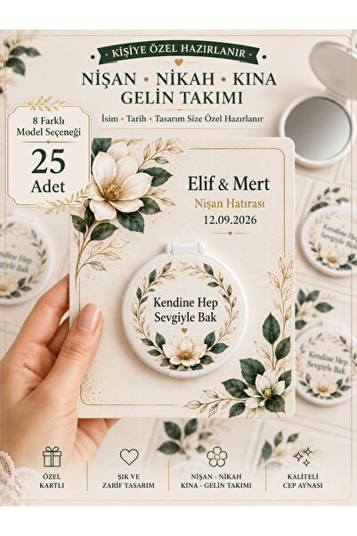 Sultan magnet hediyelik 25 Adet Kişiye Özel Kartlı Cep Aynası Nikah Nişan Kın...