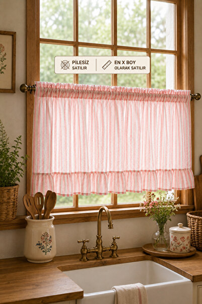 Mirilliahome Pembe Çizgili Fırfırlı Cafe Perde Rustik Country Mutfak Perdesi ...