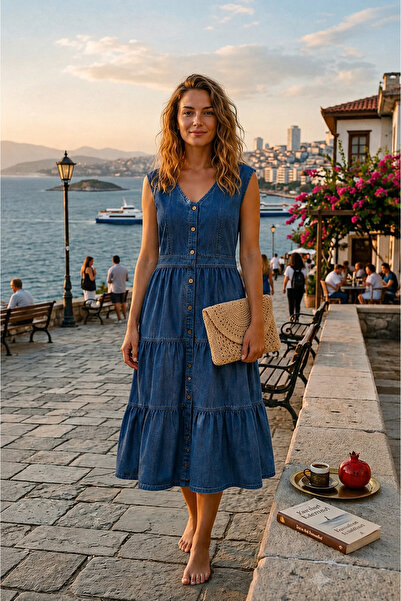 STYLENEST Kadın Küçük Beden Kot Elbise Midi Boy Denim V Yaka Yazlık Düğmeli K...