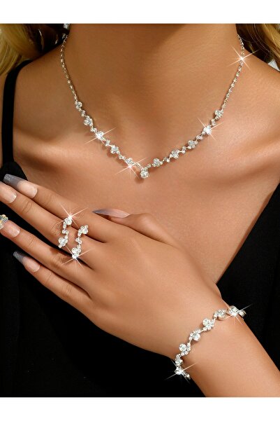 Choice 80807001-Silvery 4-Piece Women's Flower Necklace with Earrings and Bra...