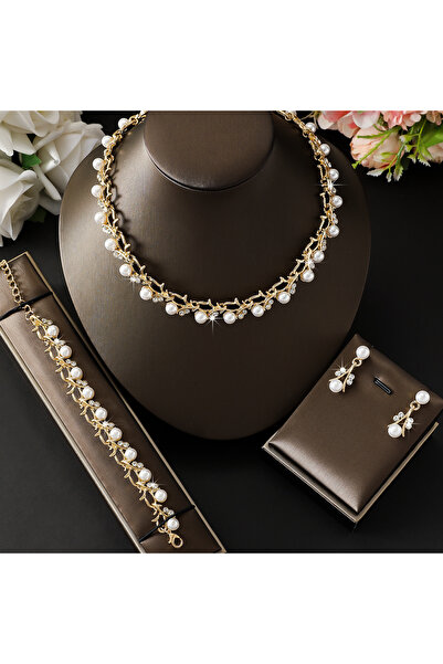Choice ZT9248-Golden 4pcs Women's Jewelry Set with Pearl Rhinestone Necklace,...