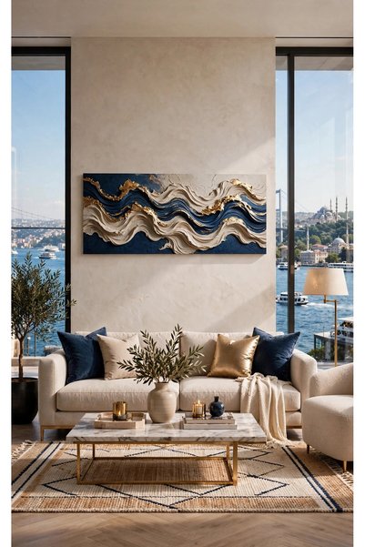 HDART Yatay Lacivert Gold Bej 3D Kabartma Dalga Kanvas Tablo - Lüks Modern Ya...