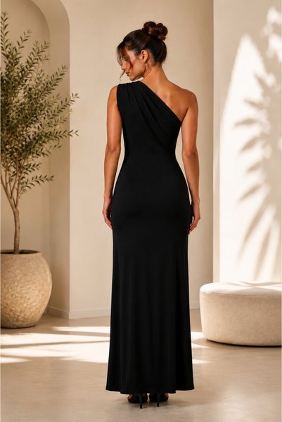 micia Women's Black One-Shoulder Sandy Fabric Gathered Slit Long Evening Dress
