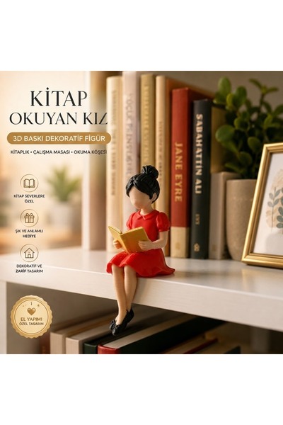 Kitap Okuyan Kız Renkli Elbiseli Biblo 3D Baskı Dekoratif Figür | Kitaplık Çalışma Masası Dekoru | Okuma Köşesi Aksesuarı