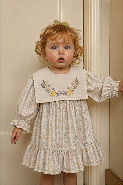 NoyNoy Baby Square Neck Floral Embroidered Vintage Baby Girl Dress