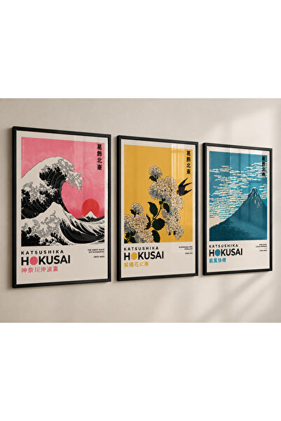 KALİA HOME Katsushika Hokusai 3'lü Tablo Seti | Premium Doğal Ahşap Çerçeveli...