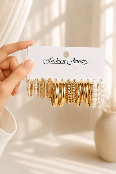 TREND COLLECTİON Kadın Gold 6’lı Küpe Seti, Vip Trend Küpe Seti