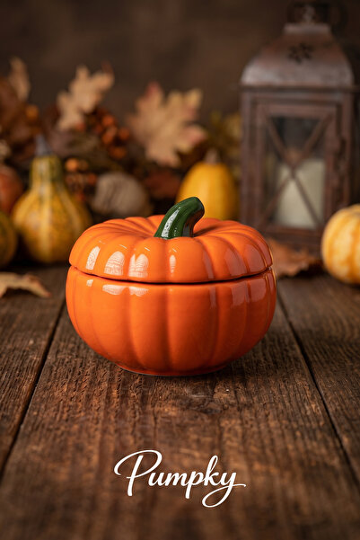 PUMPKY Balkabağı Tasarım Seramik Kapaklı Şekerlik & Kase Turuncu 13 x 10 cm