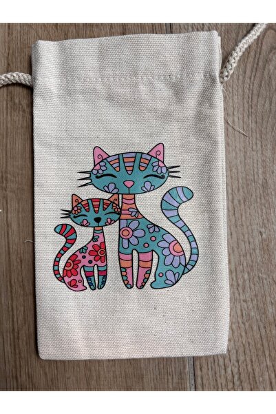 BİLGENS BUTİK Cotton Raw Fabric Cat Figured Mobile Phone Bag