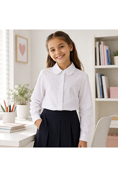 TA&CE TACE KIDS Kız Çocuk Beyaz Yuvarlak Yakalı Uzun Kollu Okul Gömleği- 8-16...