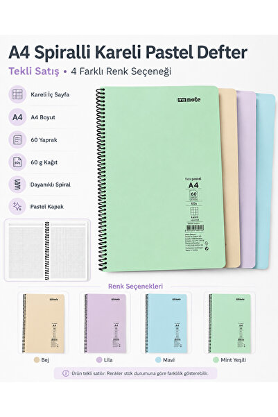 Umur My Note A4 Spiralli Kareli Pastel Defter 60 Yaprak 60 gr – Okul, Ünivers...