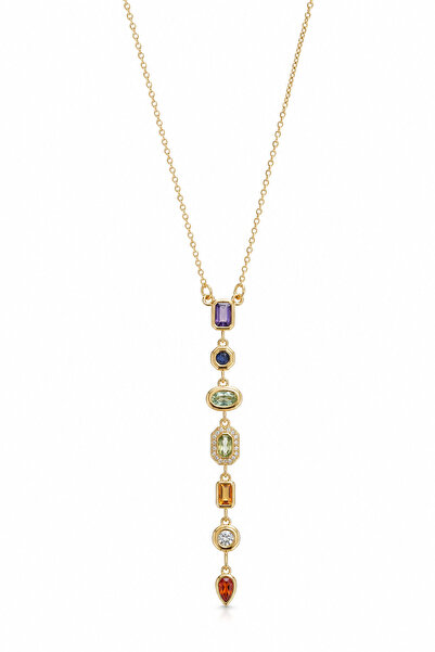 Jack Ferrero Colorful Stone Detailed Yellow Chain Necklace Women's Bijouterie...