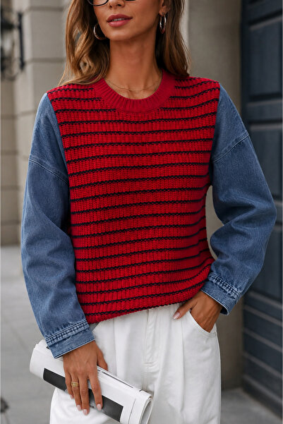 EGEMS Women's Striped Sweater with Denim Sleeve Detail