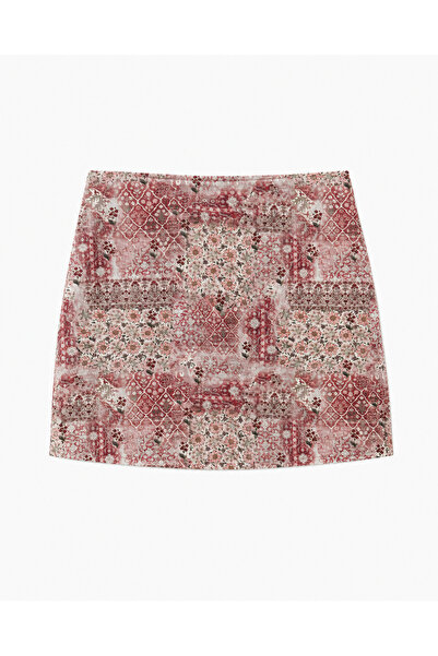 Genel Markalar Kadın Kırmızı-Pembe Patchwork Desenli Yüksek Bel Mini Etek