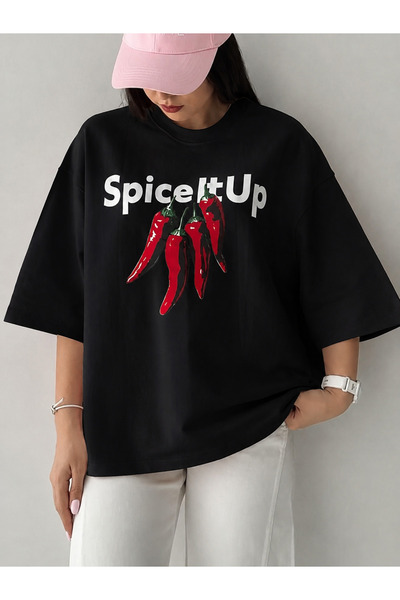 kealvi تي شيرت نسائي كبير الحجم برقبة دائرية مطبوع عليه Spice It Up