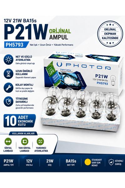 Photon P21W Orijinal Kalite 12V 21W BA15s 10 Adet Ampul Seti Stop Sinyal Lamb...