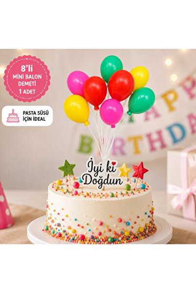 aloha concept Mini Balon Demeti Pasta Süsü – 8 Balonlu Renkli Dekoratif Süs –...