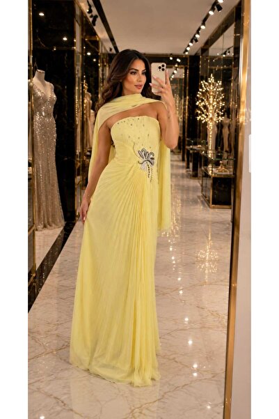 antil fashion فستان سهرة نسائي طويل باللون الأصفر الفاتح